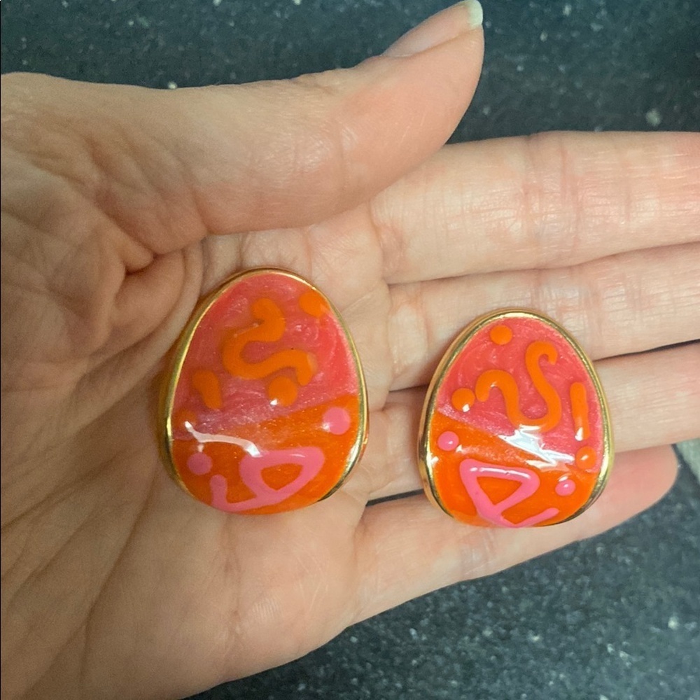 Vintage Pink and Orange Enamel &Gold Earrings - Picture 3 of 4